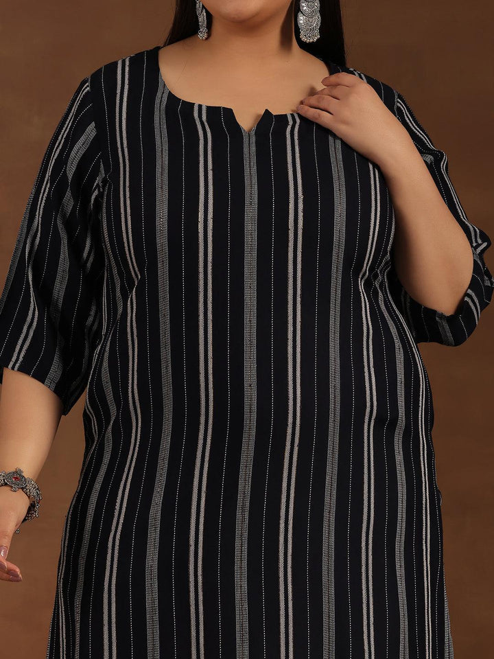 Plus Size Navy Blue Striped Rayon Straight Kurta