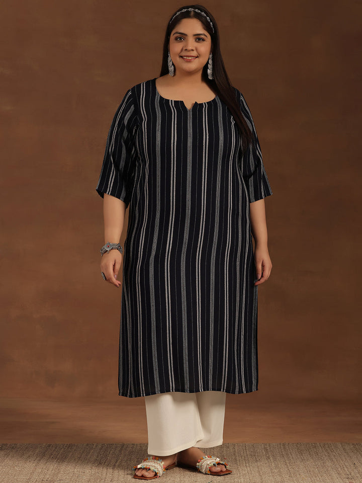 Plus Size Navy Blue Striped Rayon Straight Kurta
