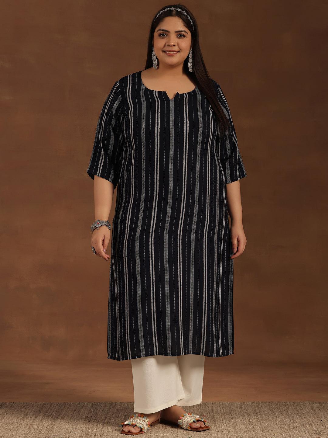 Plus Size Navy Blue Striped Rayon Straight Kurta - Libas 