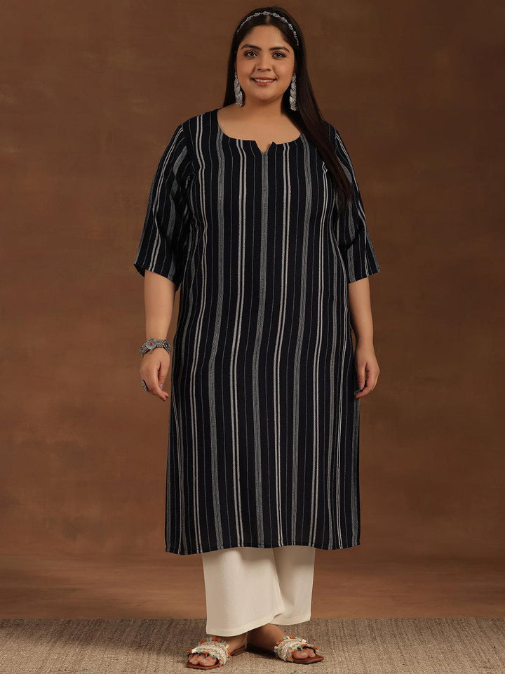 Plus Size Navy Blue Striped Rayon Straight Kurta