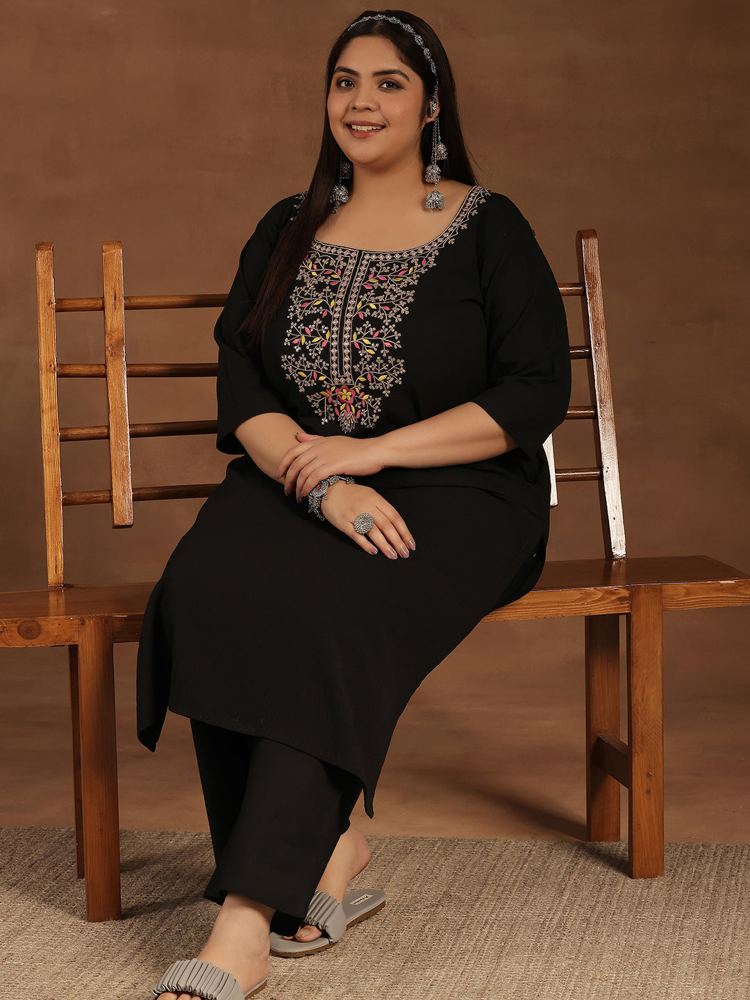 Plus Size Black Yoke Design Polyester Straight Kurta