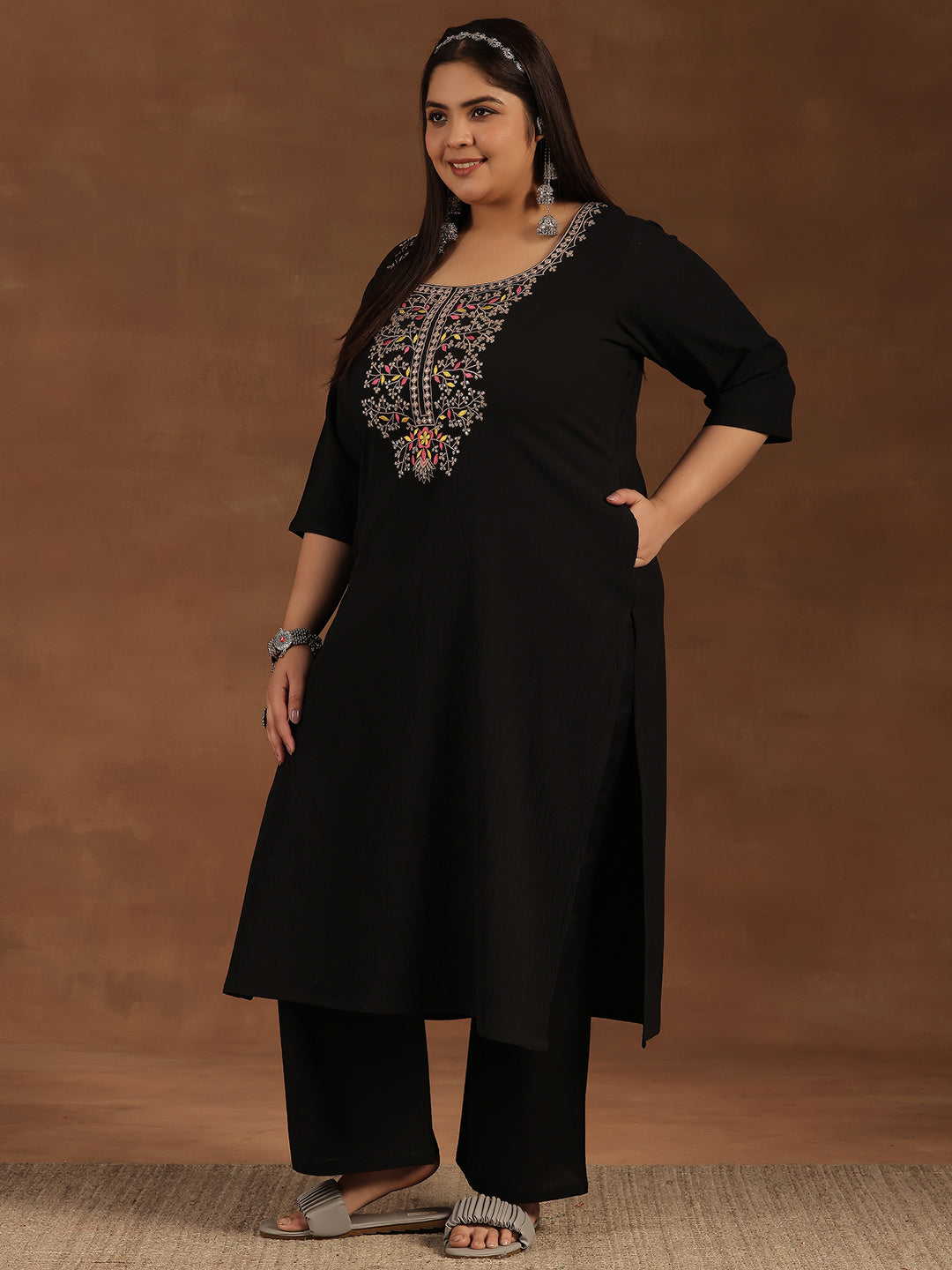 Plus Size Black Yoke Design Polyester Straight Kurta