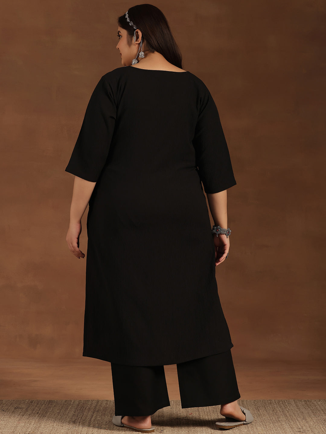 Plus Size Black Yoke Design Polyester Straight Kurta