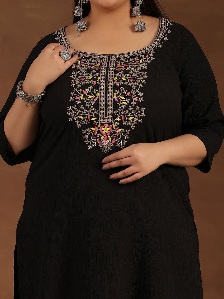 Plus Size Black Yoke Design Polyester Straight Kurta