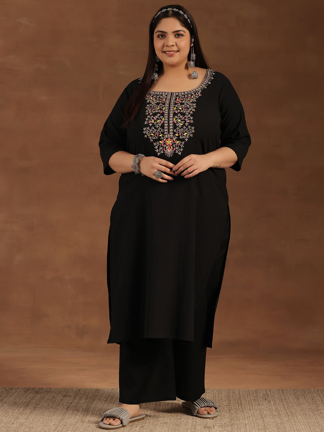 Plus Size Black Yoke Design Polyester Straight Kurta
