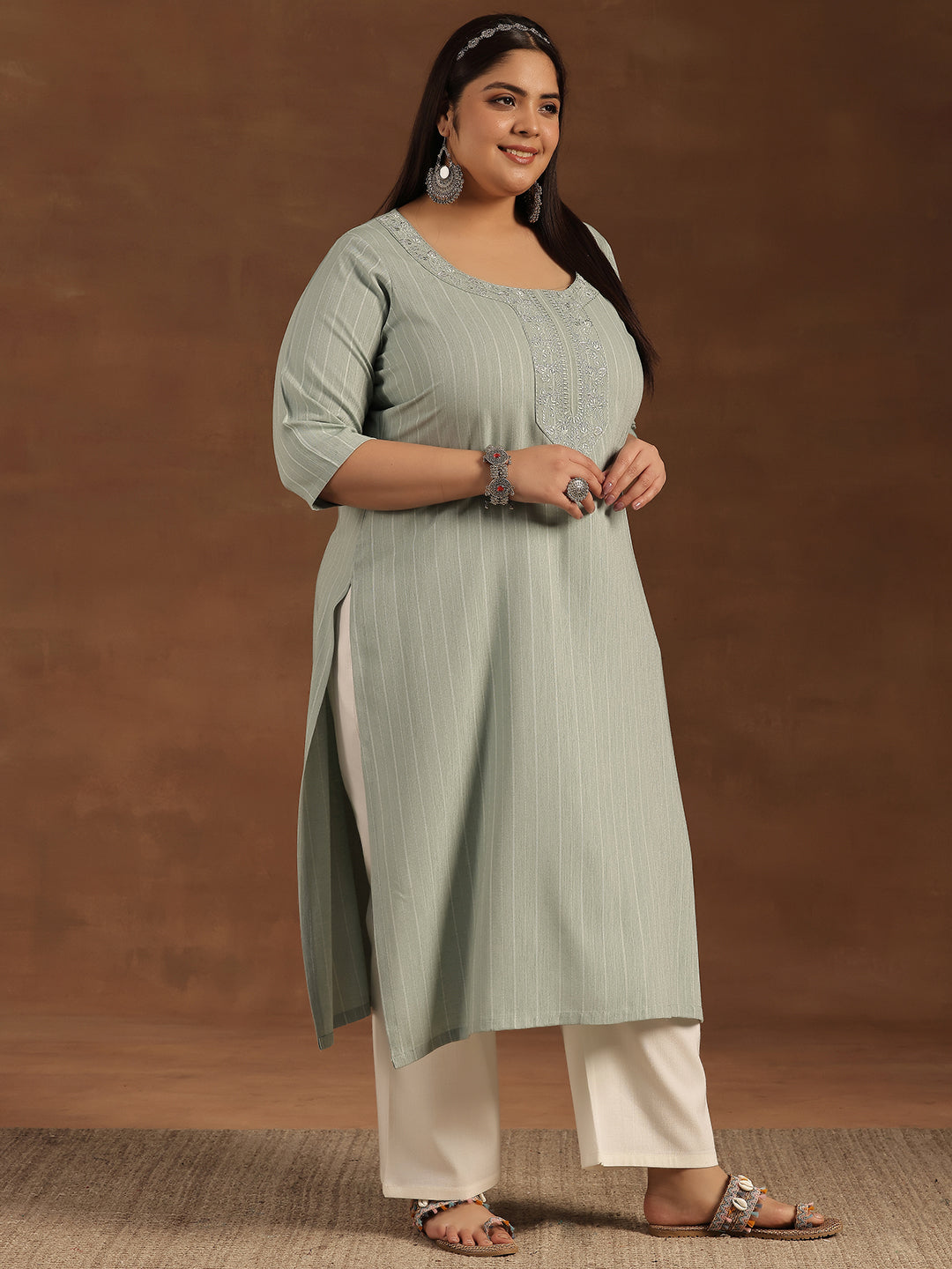 Plus Size Green Yoke Design Rayon Straight Kurta