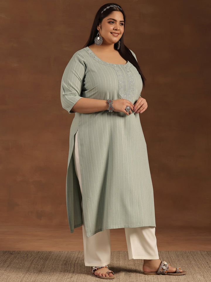 Plus Size Green Yoke Design Rayon Straight Kurta