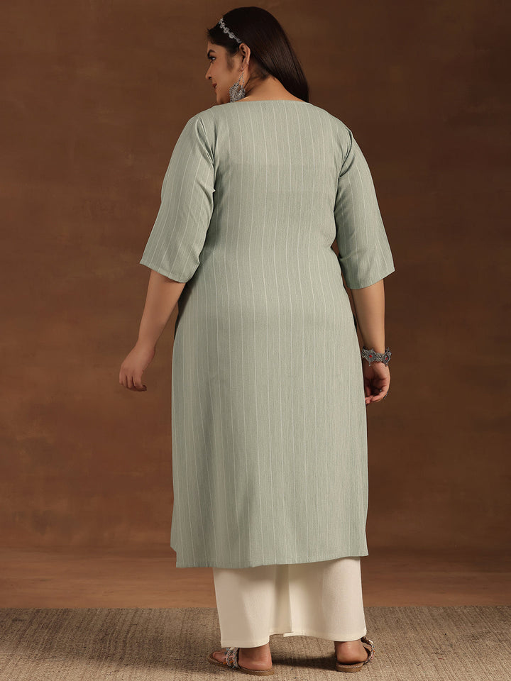 Plus Size Green Yoke Design Rayon Straight Kurta