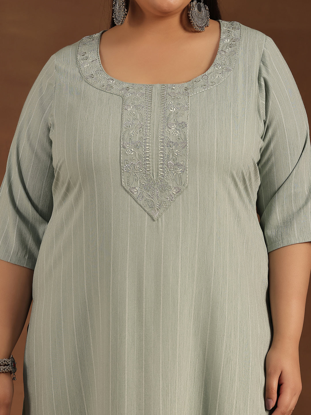 Plus Size Green Yoke Design Rayon Straight Kurta