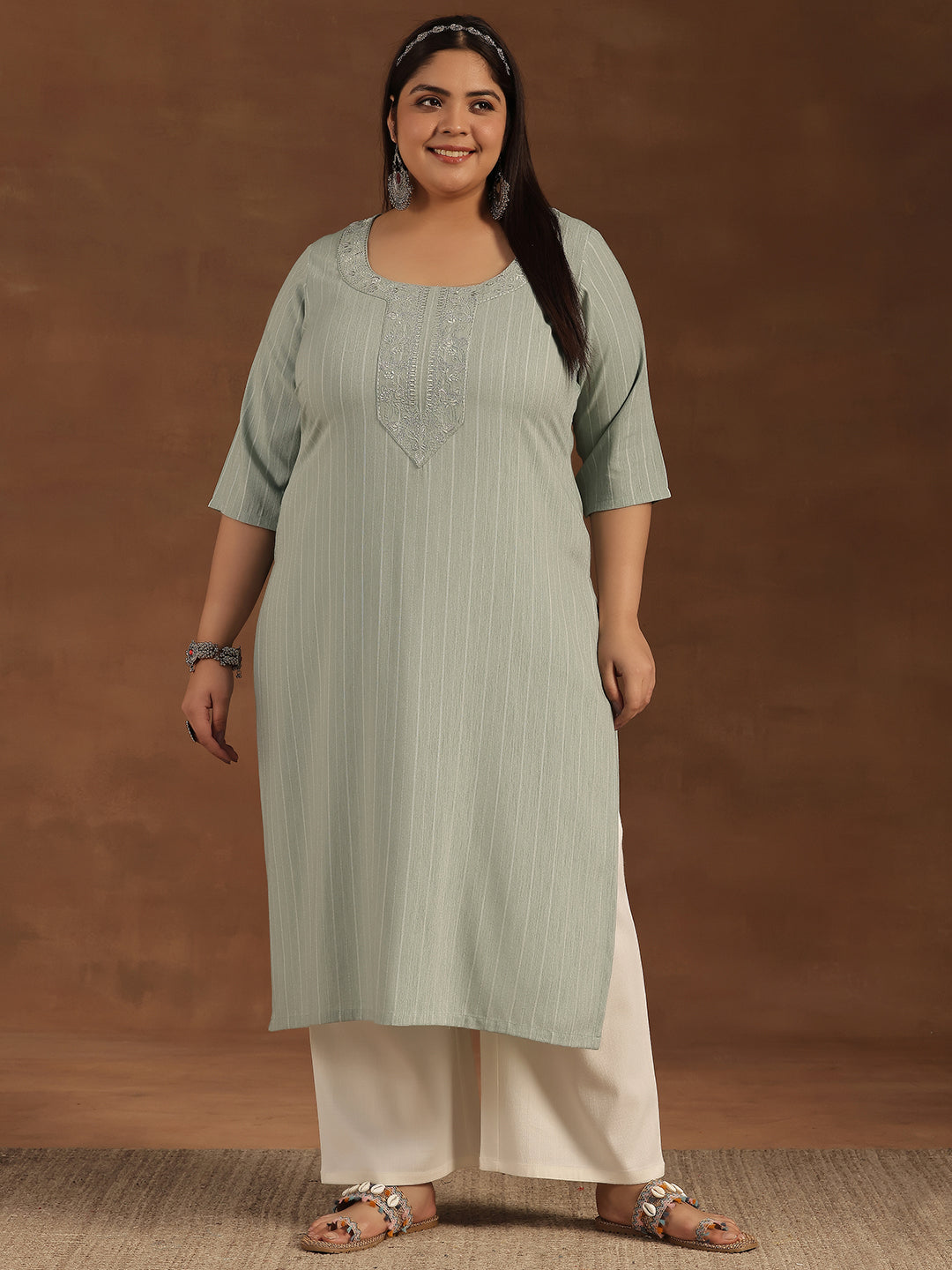 Plus Size Green Yoke Design Rayon Straight Kurta