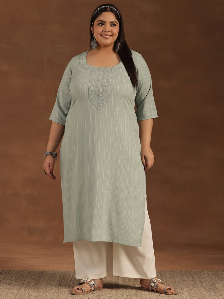 Plus Size Green Yoke Design Rayon Straight Kurta