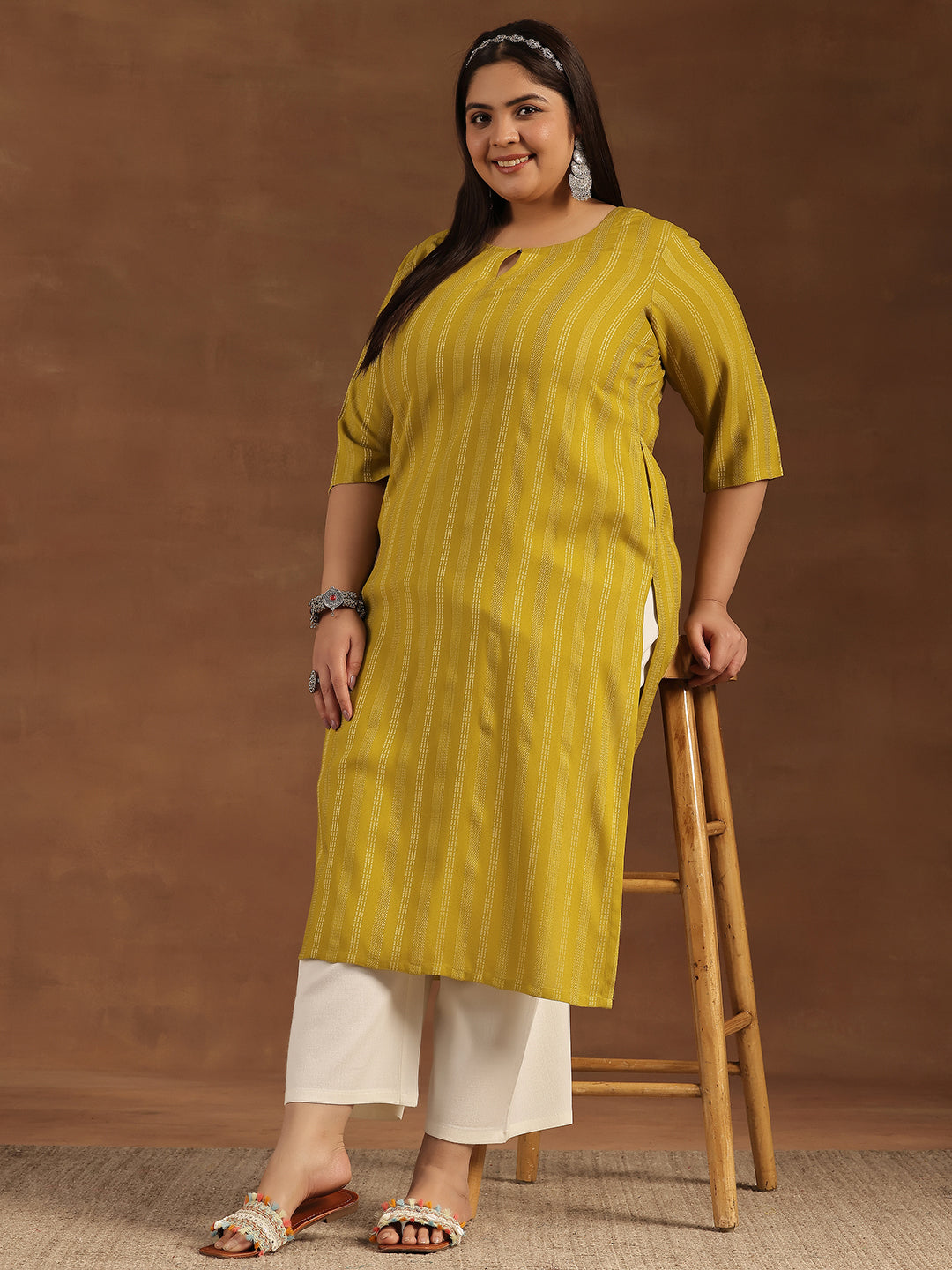 Plus Size Mustard Striped Rayon Straight Kurta