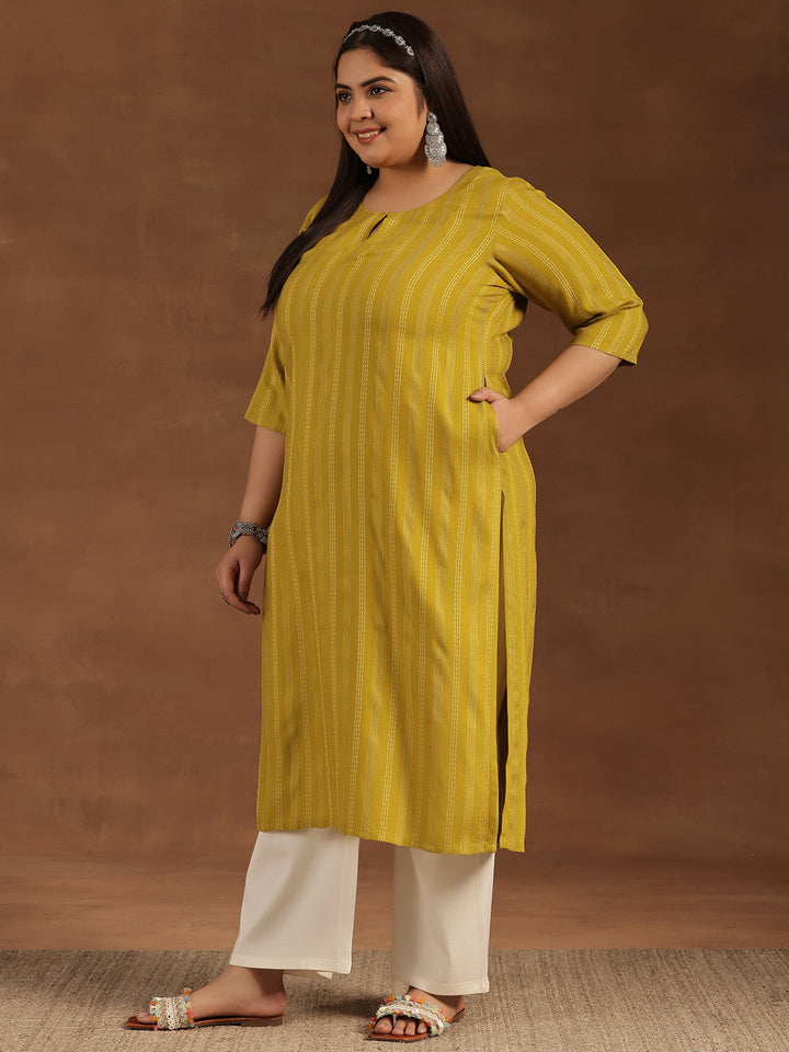 Plus Size Mustard Striped Rayon Straight Kurta