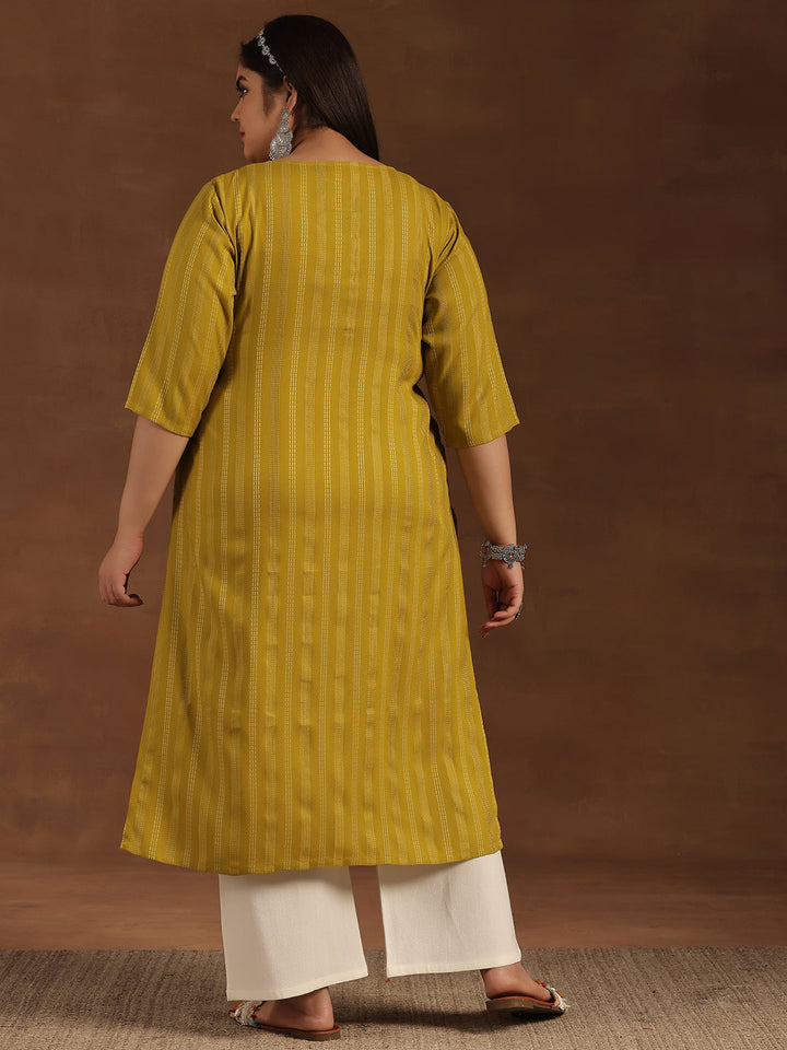 Plus Size Mustard Striped Rayon Straight Kurta