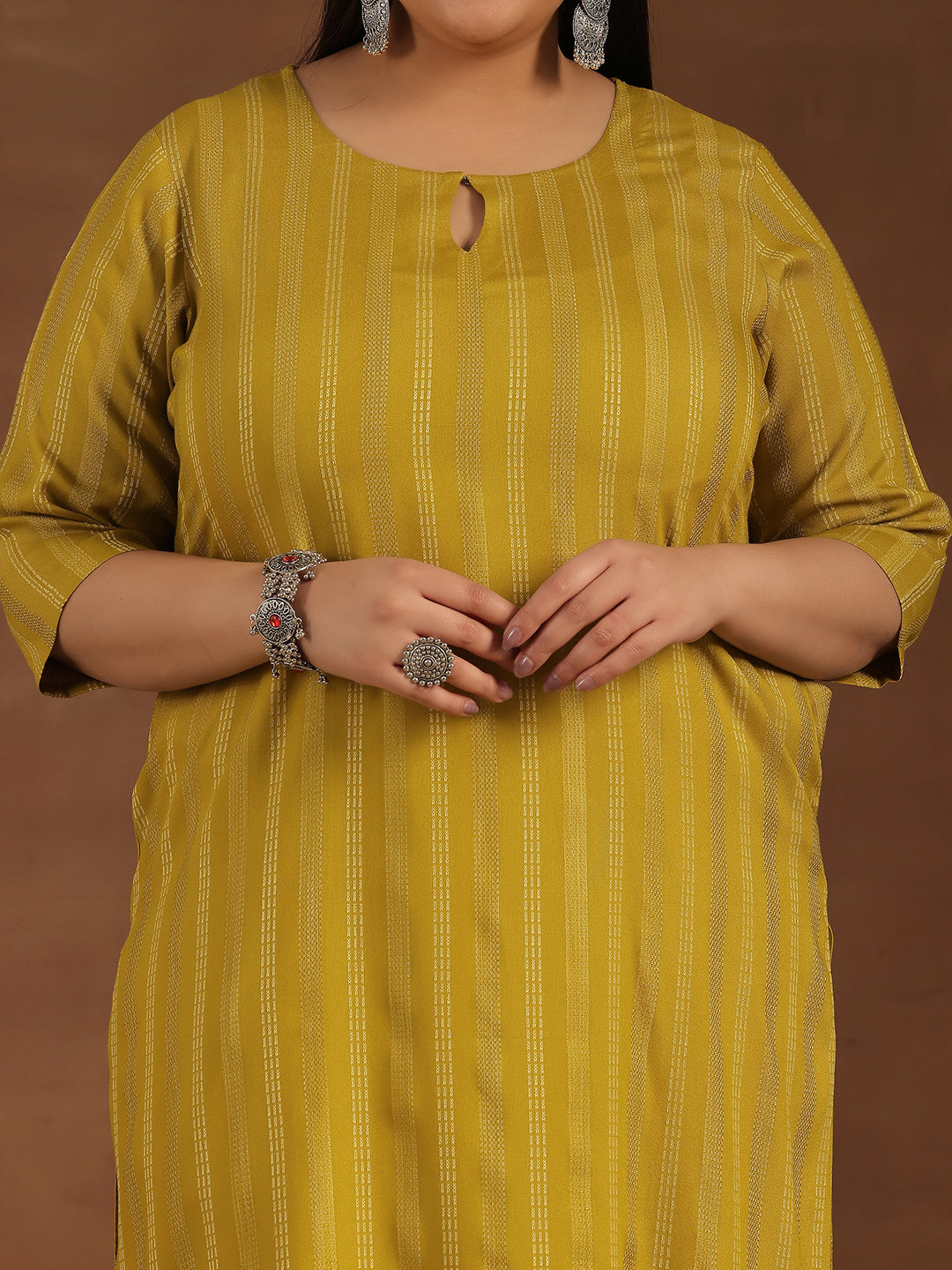 Plus Size Mustard Striped Rayon Straight Kurta