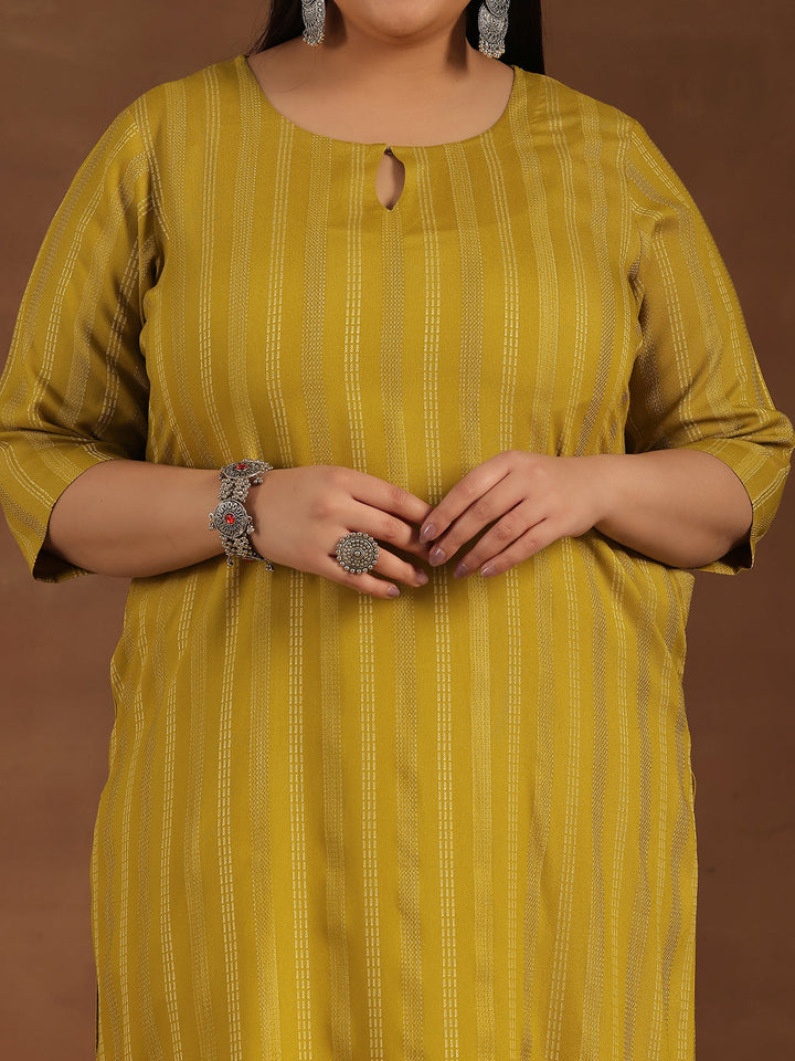 Plus Size Mustard Striped Rayon Straight Kurta