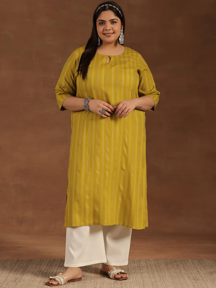 Plus Size Mustard Striped Rayon Straight Kurta