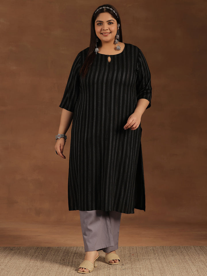 Plus Size Black Striped Rayon Straight Kurta