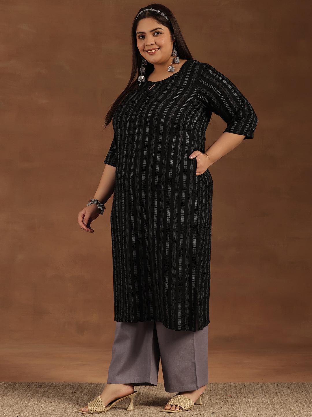 Plus Size Black Striped Rayon Straight Kurta