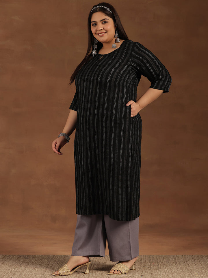 Plus Size Black Striped Rayon Straight Kurta