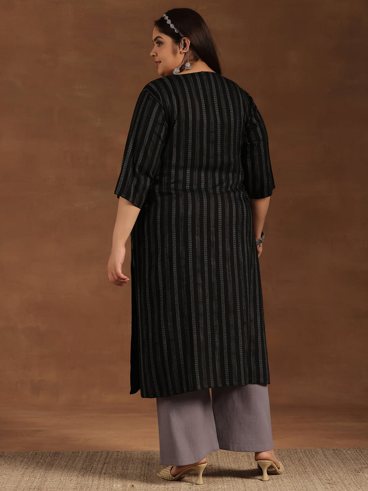 Plus Size Black Striped Rayon Straight Kurta