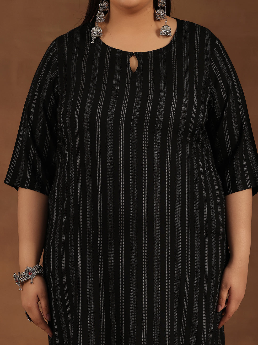 Plus Size Black Striped Rayon Straight Kurta
