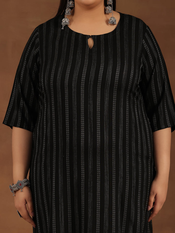 Plus Size Black Striped Rayon Straight Kurta