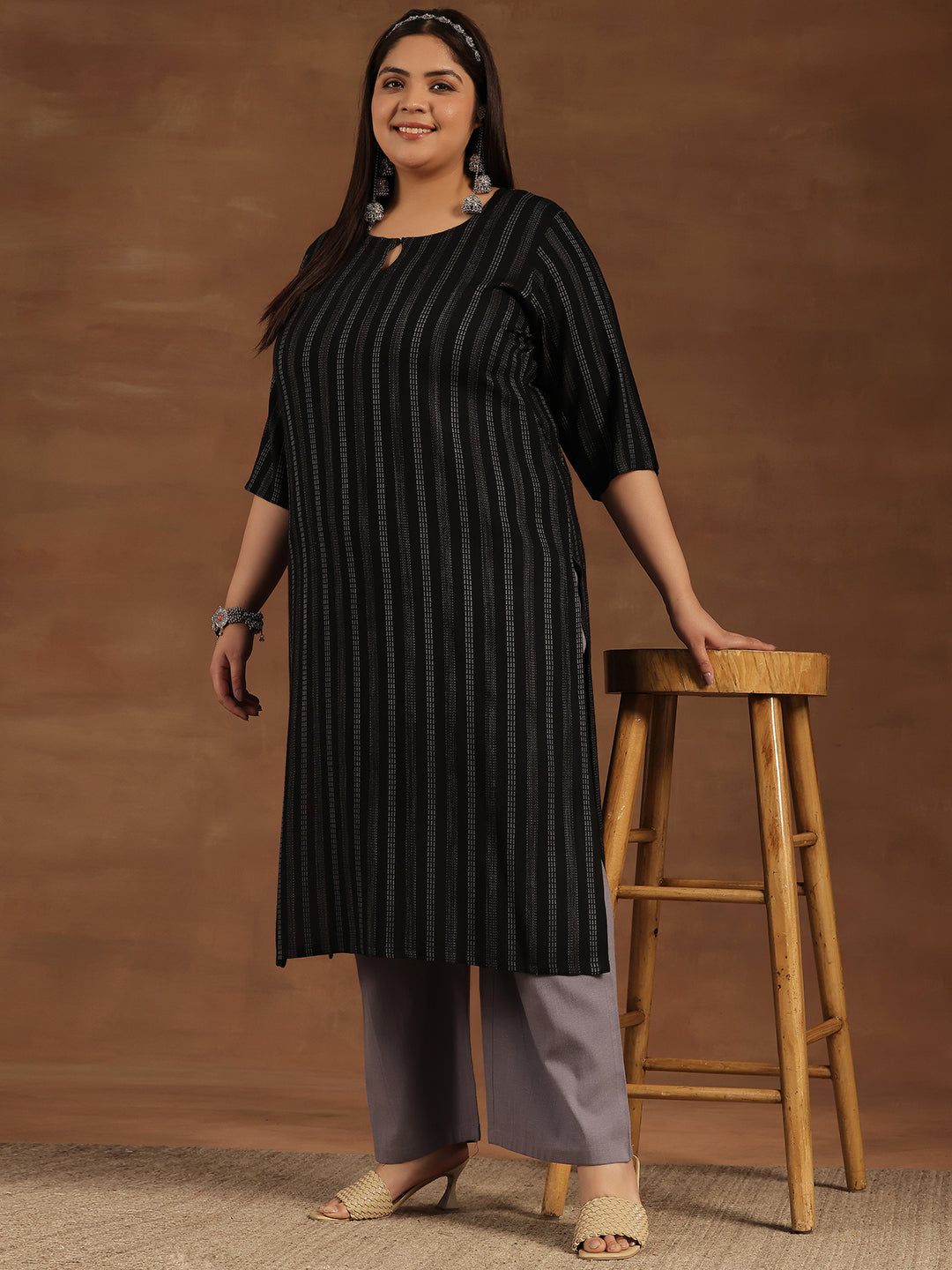 Plus Size Black Striped Rayon Straight Kurta