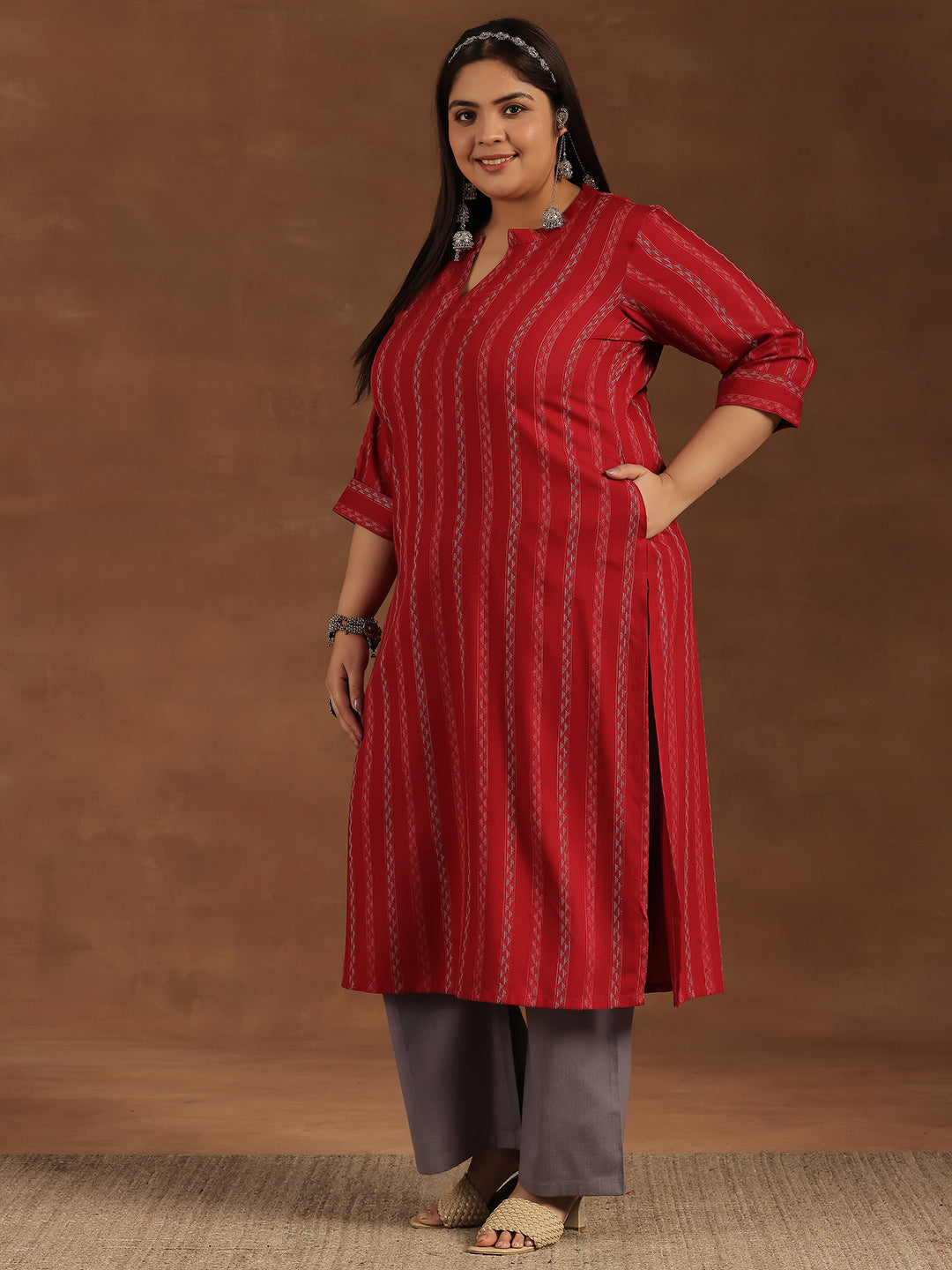 Plus Size Red Striped Rayon Straight Kurta