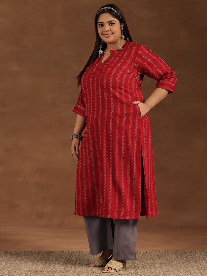 Plus Size Red Striped Rayon Straight Kurta
