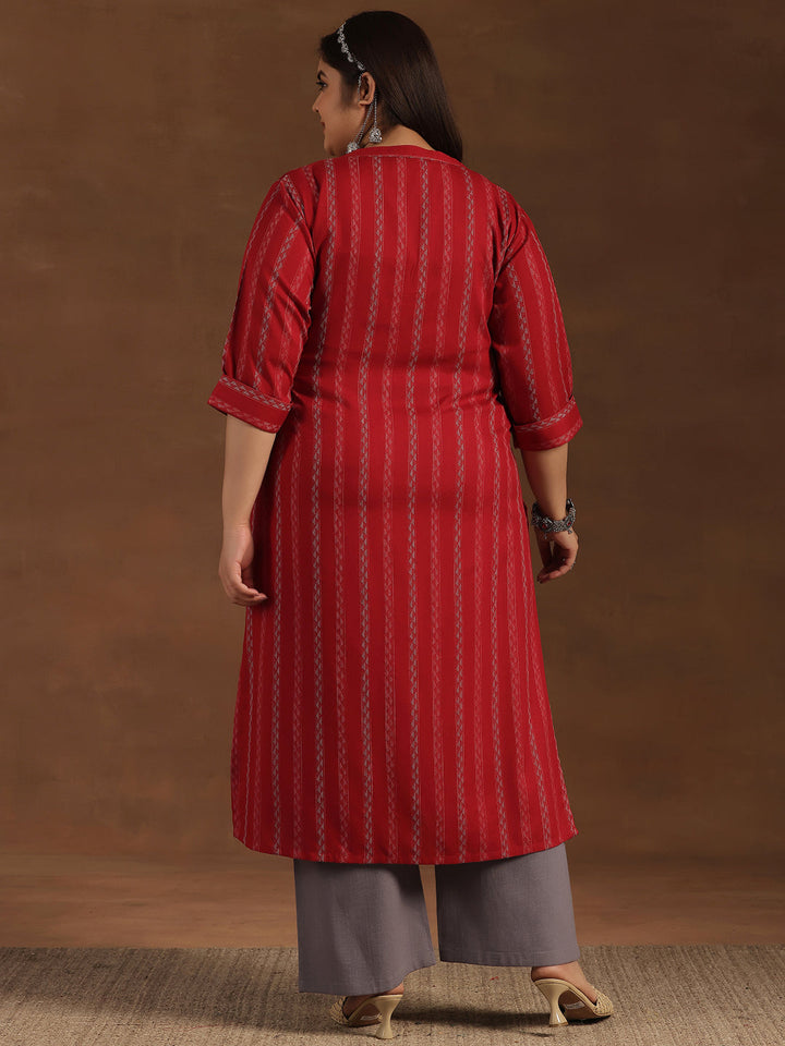Plus Size Red Striped Rayon Straight Kurta