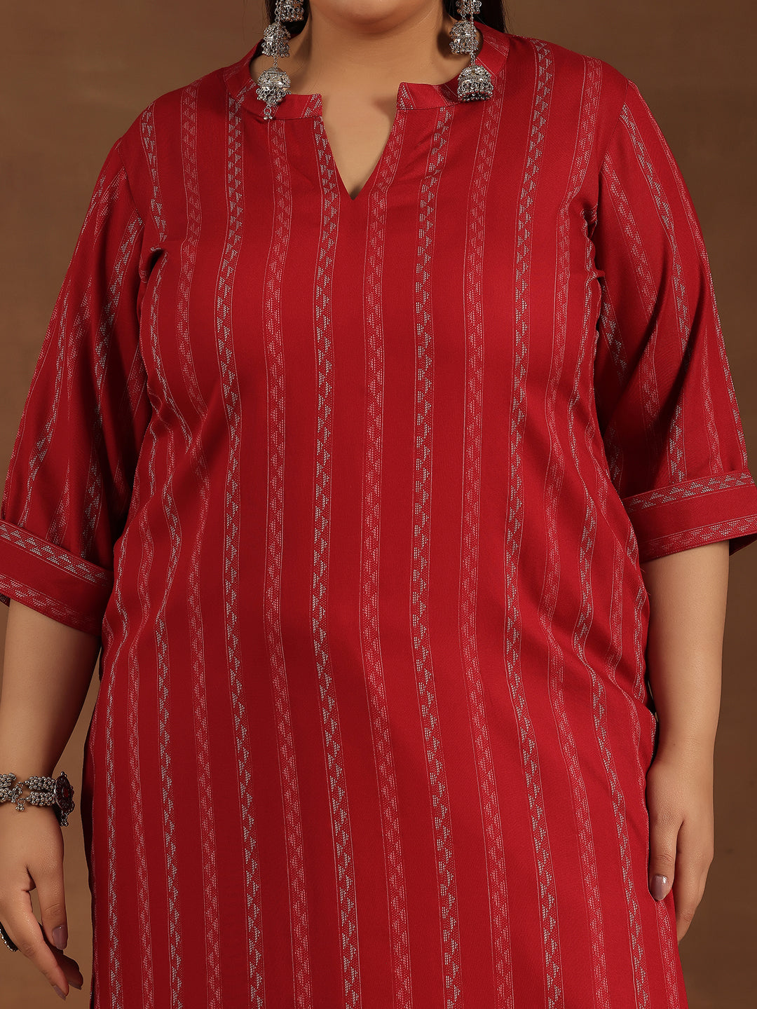 Plus Size Red Striped Rayon Straight Kurta