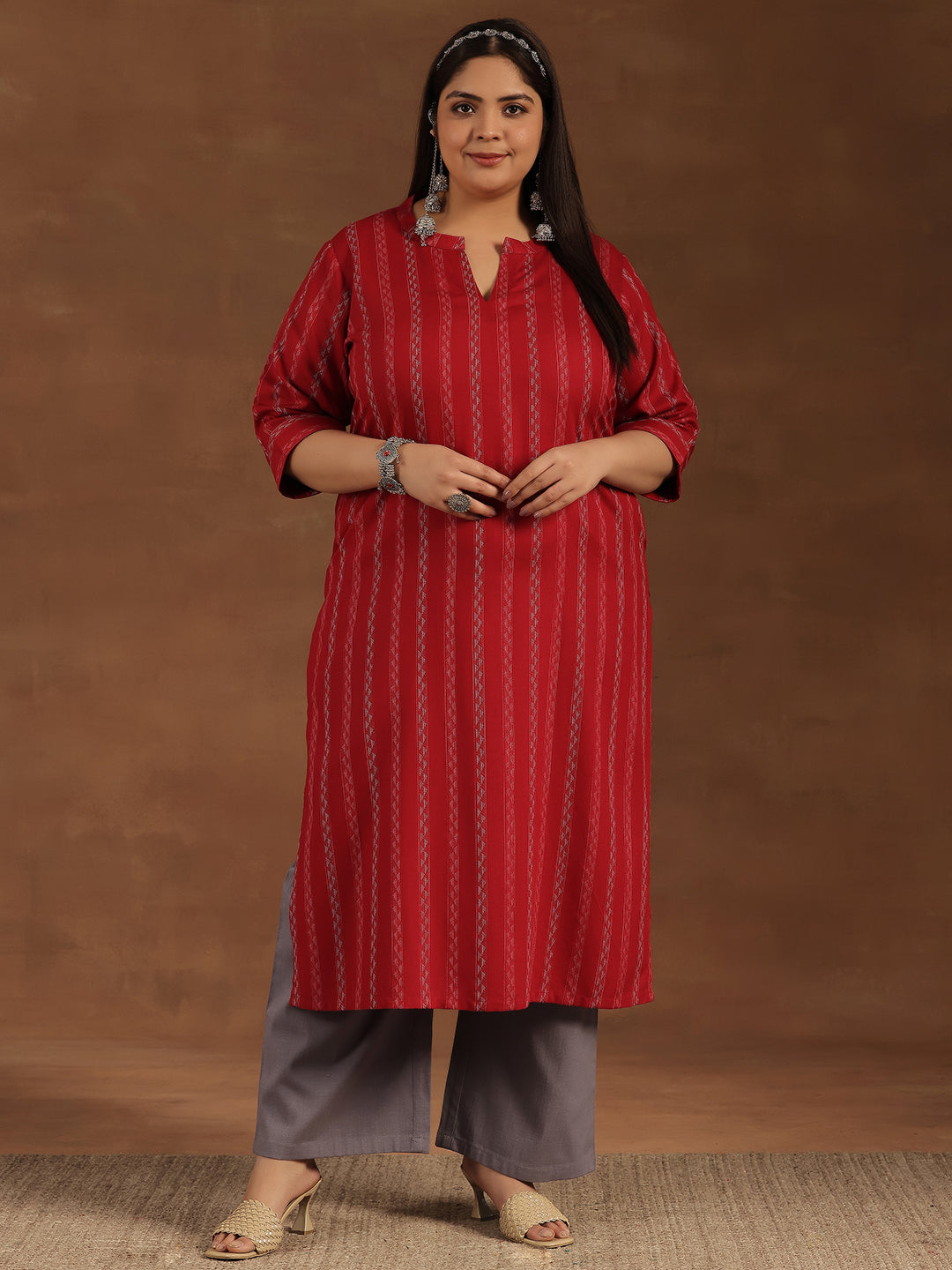 Plus Size Red Striped Rayon Straight Kurta