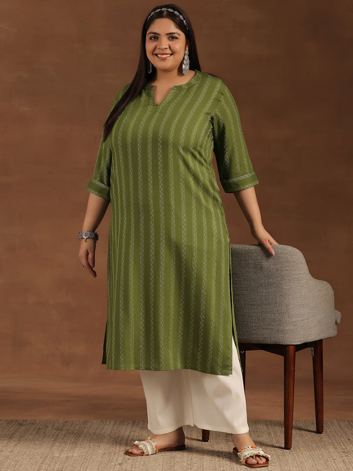 Plus Size Green Striped Rayon Straight Kurta