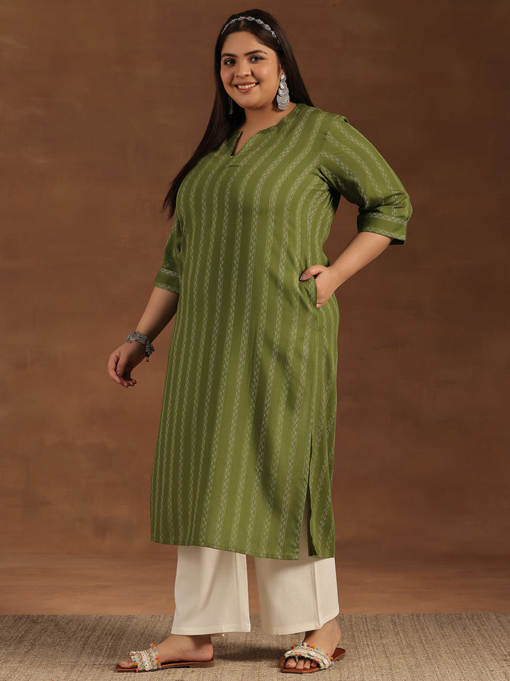 Plus Size Green Striped Rayon Straight Kurta