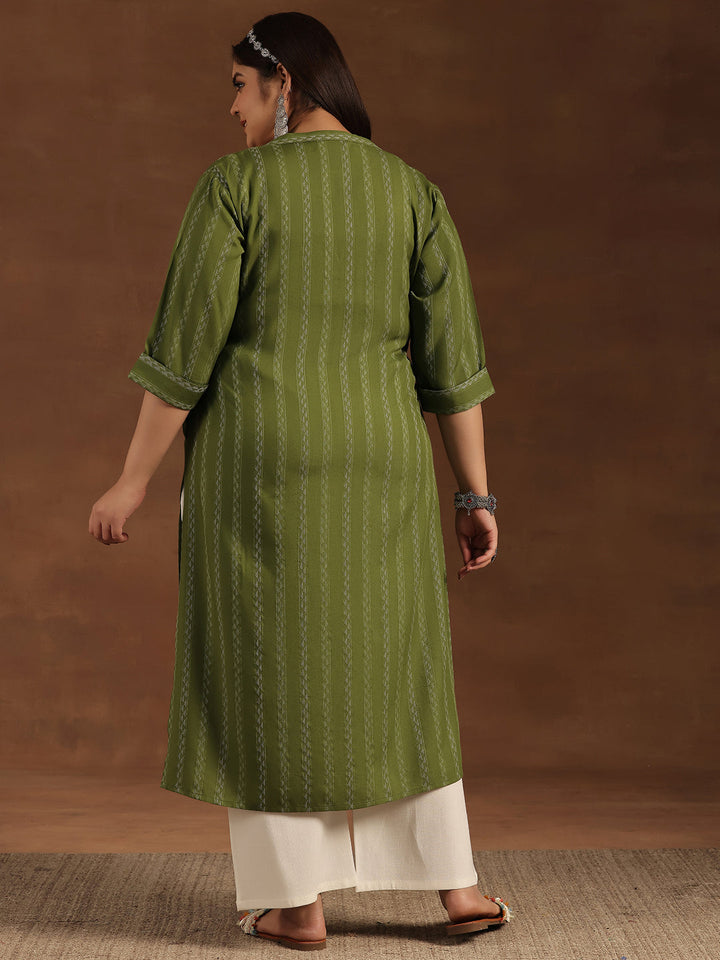 Plus Size Green Striped Rayon Straight Kurta