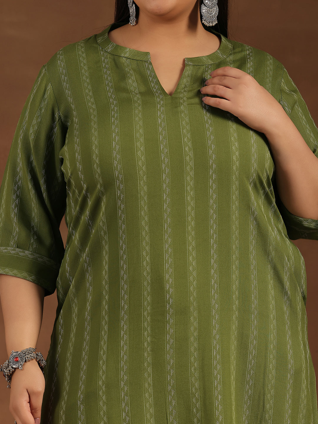 Plus Size Green Striped Rayon Straight Kurta