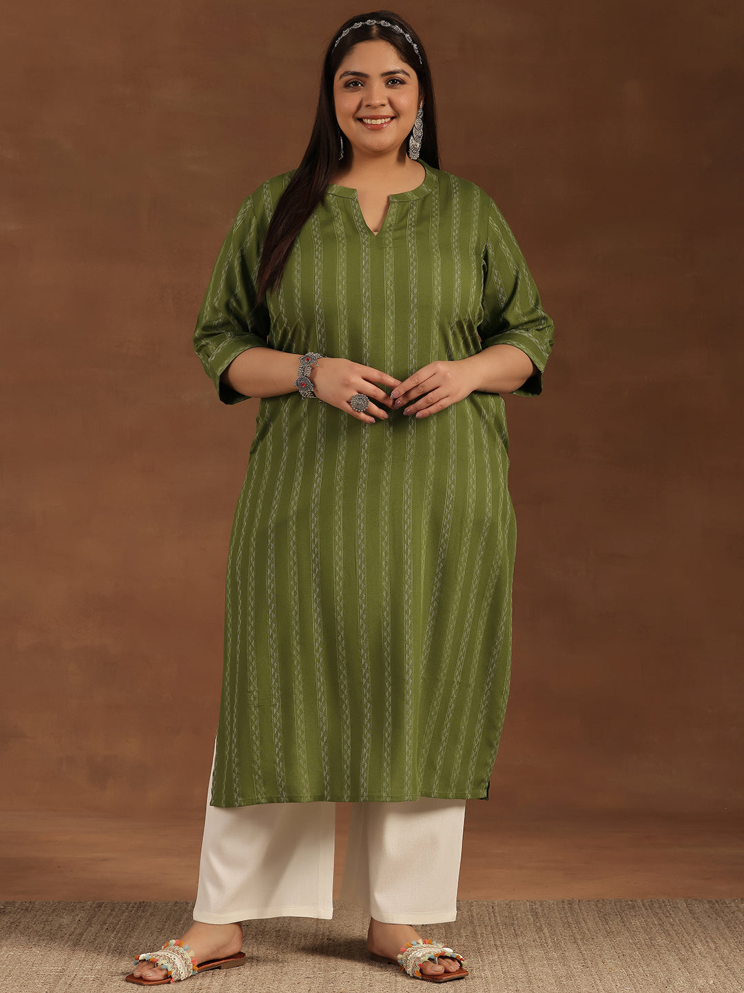 Plus Size Green Striped Rayon Straight Kurta