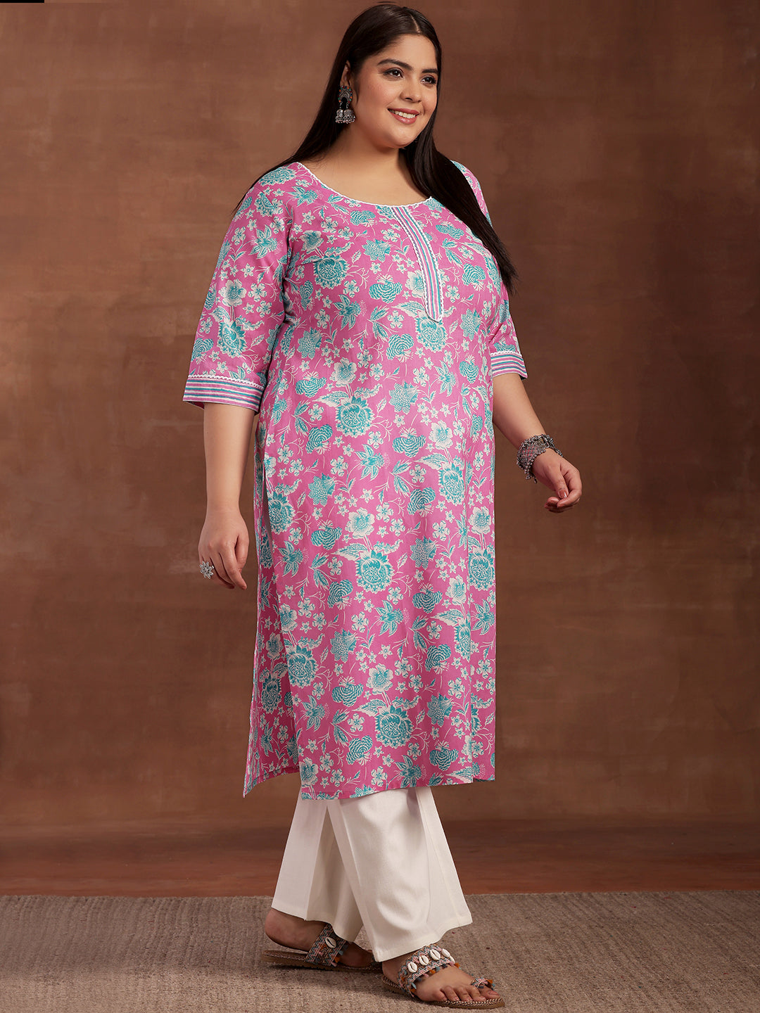 Plus Size Pink Printed Cotton Kurta