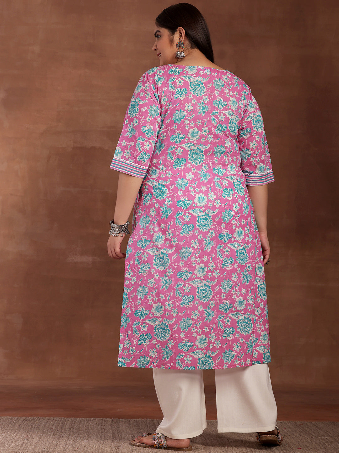 Plus Size Pink Printed Cotton Kurta