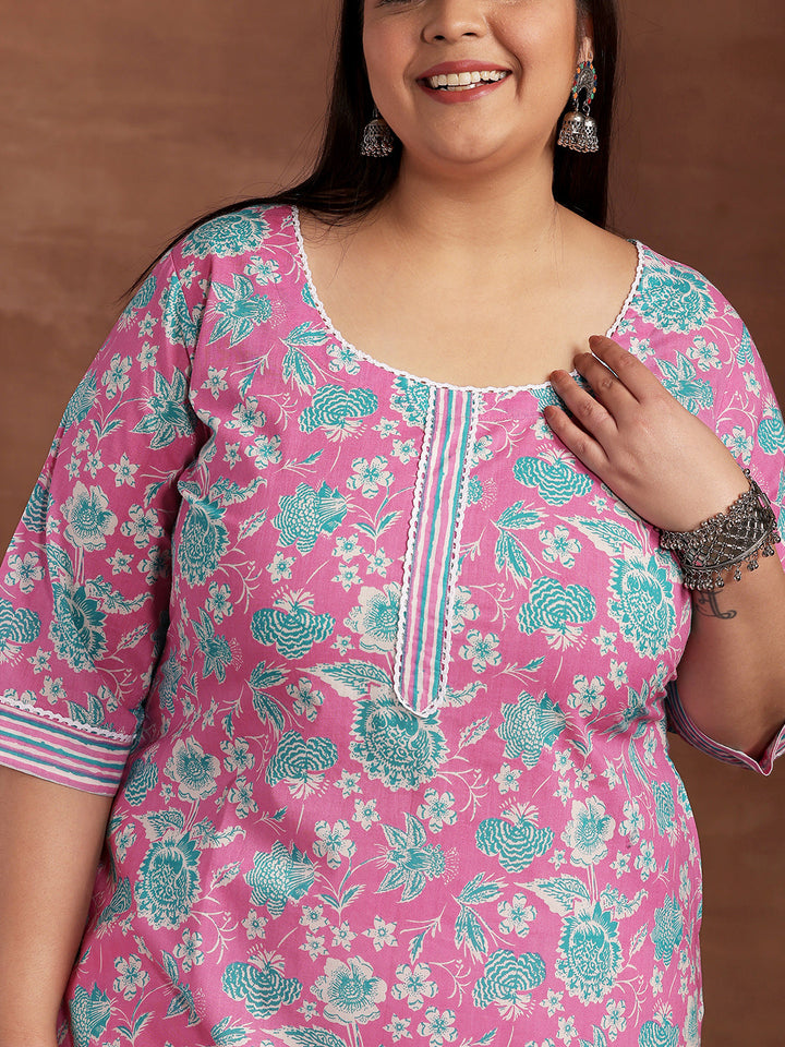 Plus Size Pink Printed Cotton Kurta