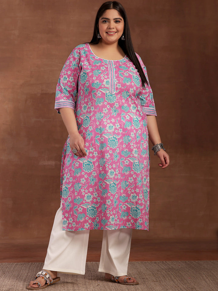 Plus Size Pink Printed Cotton Kurta