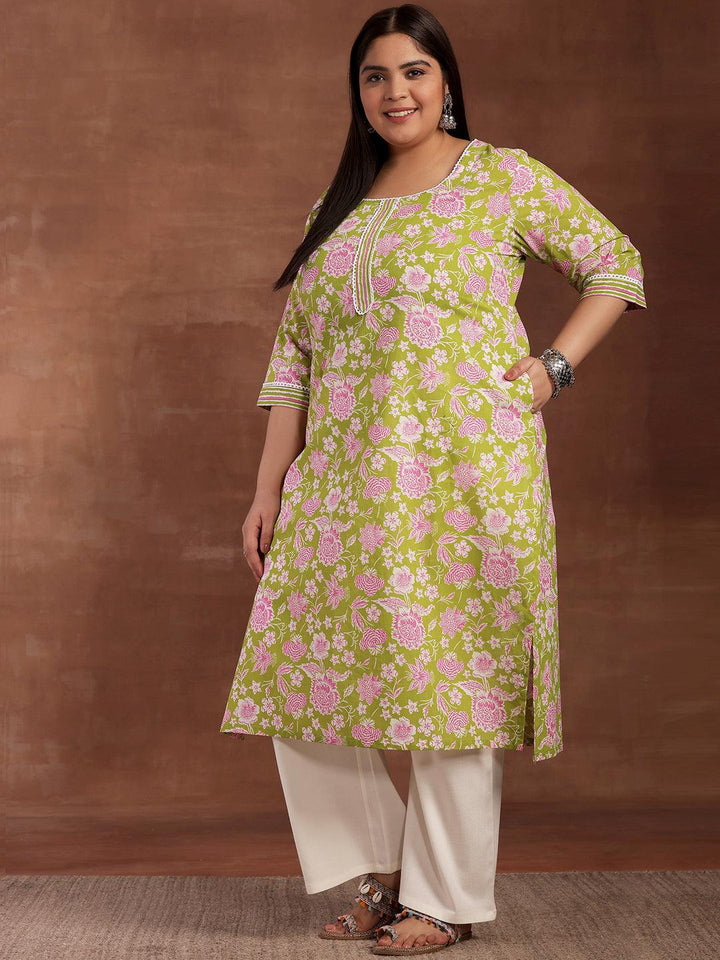 Plus Size Green Printed Cotton Kurta
