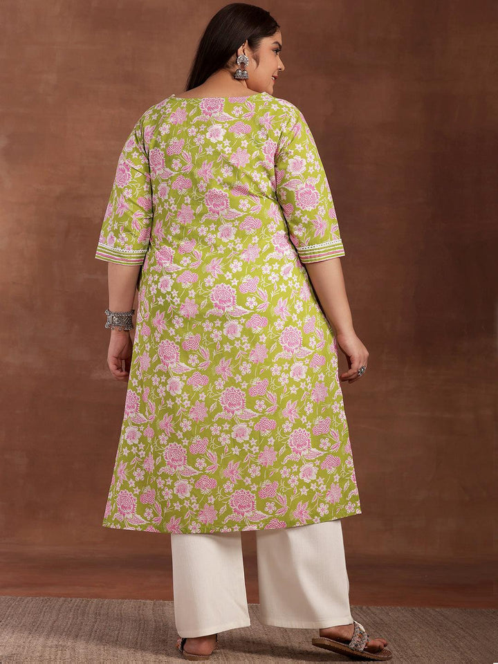 Plus Size Green Printed Cotton Kurta