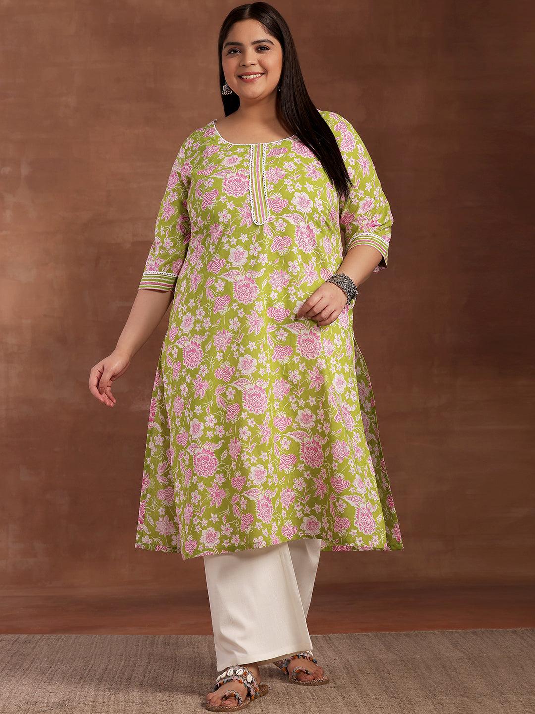 Plus Size Green Printed Cotton Kurta