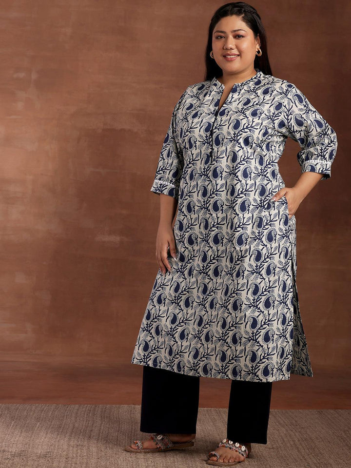 Plus Size Blue Printed Cotton Kurta