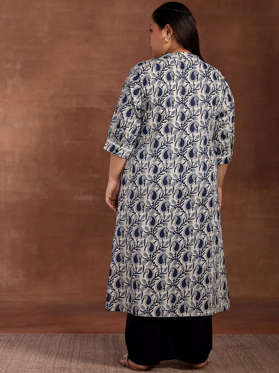 Plus Size Blue Printed Cotton Kurta