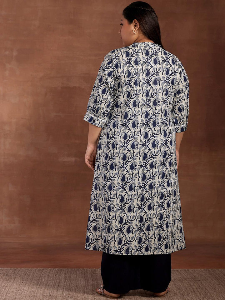 Plus Size Blue Printed Cotton Kurta