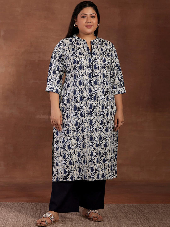 Plus Size Blue Printed Cotton Kurta