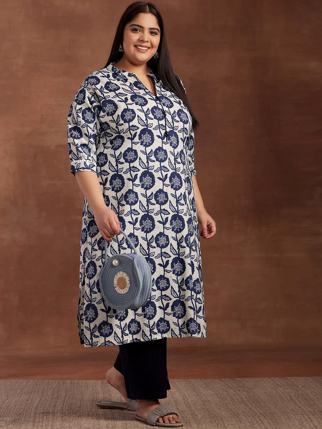 Plus Size Blue Printed Cotton Kurta